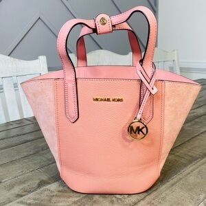 Michael Kors Portia Small Bucket Tote Pebbled Leather And Suede Sunset Rose